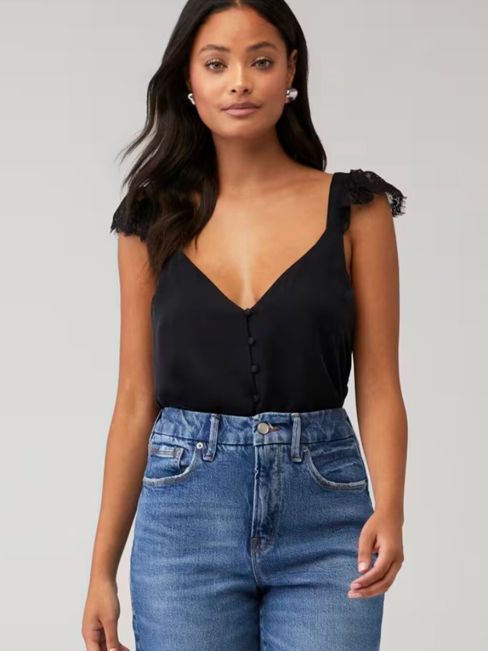 CAMI NYC Black Silk Matilda Button Front Lace Flutter Sleeve Camisole | Size S